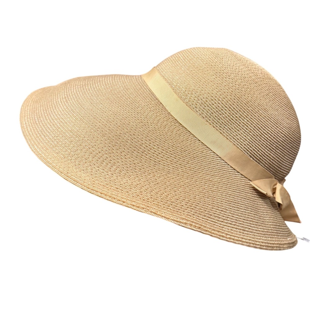 Betmar Vintage (1940s?) Asymmetric /Wide Brim Straw Hat w/ Ribbon Bow Beige 22.5